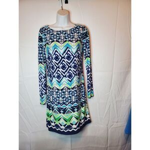 Vince Camuto Green Blue Geo Print Shift‎ Dress Long Sleeve Lined Sz 2
